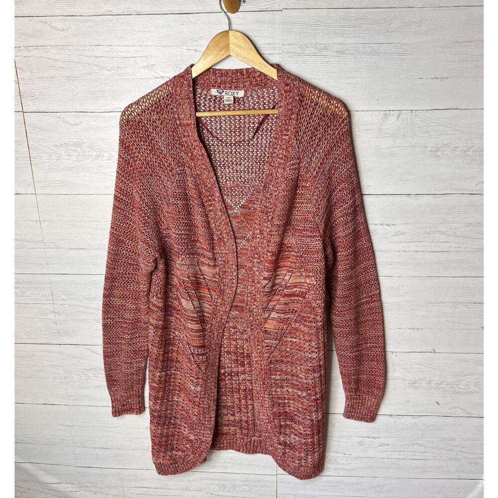Roxy Sweater Womens Size Large Heathered Rose Pink Open Cardigan 100% Cotton